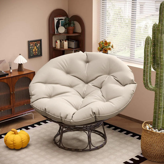 46'' Large Papasan Chair with Cushion, Beige Lazy Circle Round Chair for Bedroom & Living Room