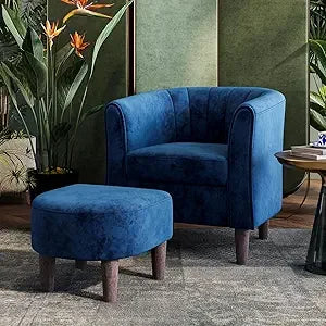Accent Chair Ottoman Set: Chenille Barrel Chair with Foot Rest, Mid-Century Modern Small Reading Chair Upholstered Armchai