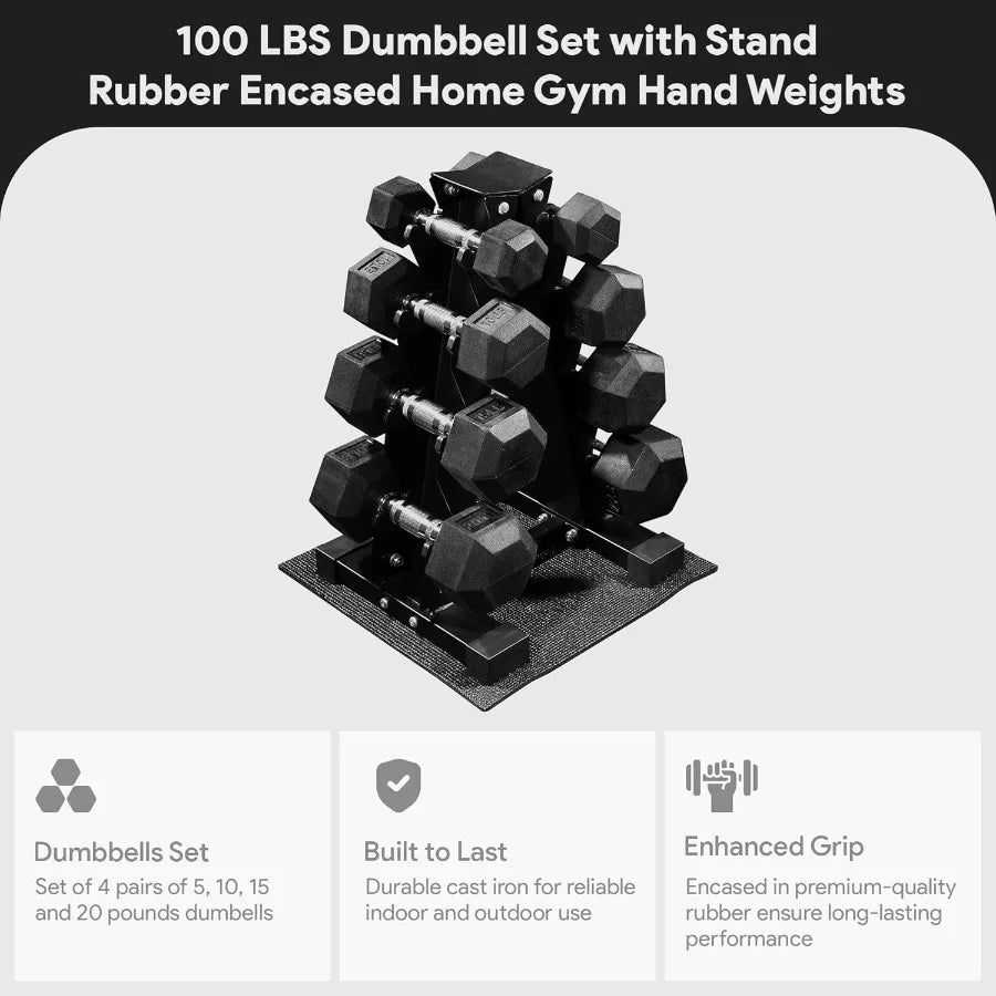 XMSJ Rubber Coated Hex Dumbbell Set With Storage Rack