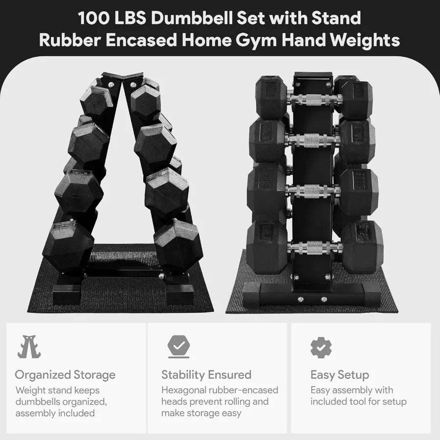 XMSJ Rubber Coated Hex Dumbbell Set With Storage Rack