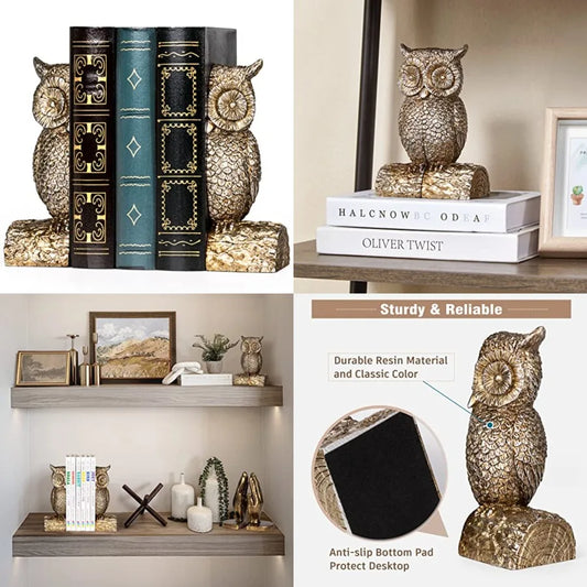 Vintage Resin Owl Bookends Anti Slip Base for Books and Magazines Office